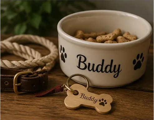 Personalised dog-themed gift items styled on a light surface